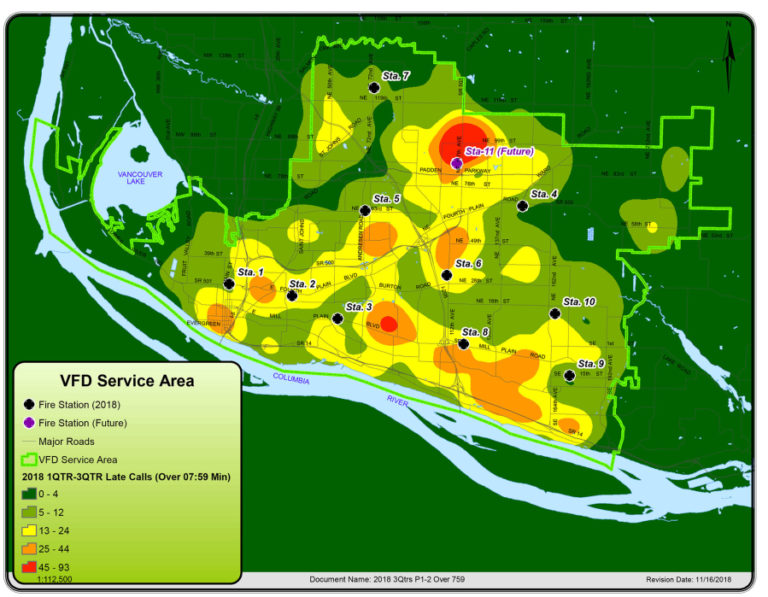 This heat map shows the number of calls with response times longer than 7 minutes and 59 seconds in the first three quarters of 2018, since relocation of Stations 1 and 2.