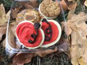 Frosted sugar cookies, whoopie pie, and pumpkin scone from Chandelier Bakery.