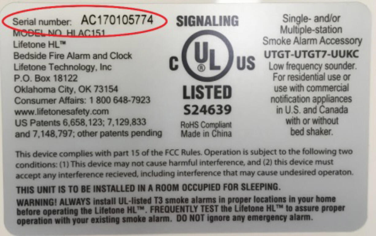 This Lifetone fire alarm, model HLAC151, has been recalled by the Consumer Product Safety Commission after some units were found to not fully function in case of alarm. Some have been installed in local homes.