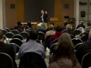 State Superintendent of Public Instruction Chris Reykdal hosts a community forum Wednesday night at Skyview High School in Vancouver to discuss his ideas for the future of education in the state and the recent teacher strikes. Right: The Columbian’s education reporter, Katie Gillespie, moderates the forum Wednesday night.