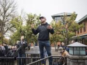 Patriot Prayer’s Joey Gibson speaks to a crowd during a protest on the Washington State University Vancouver campus Oct. 23.