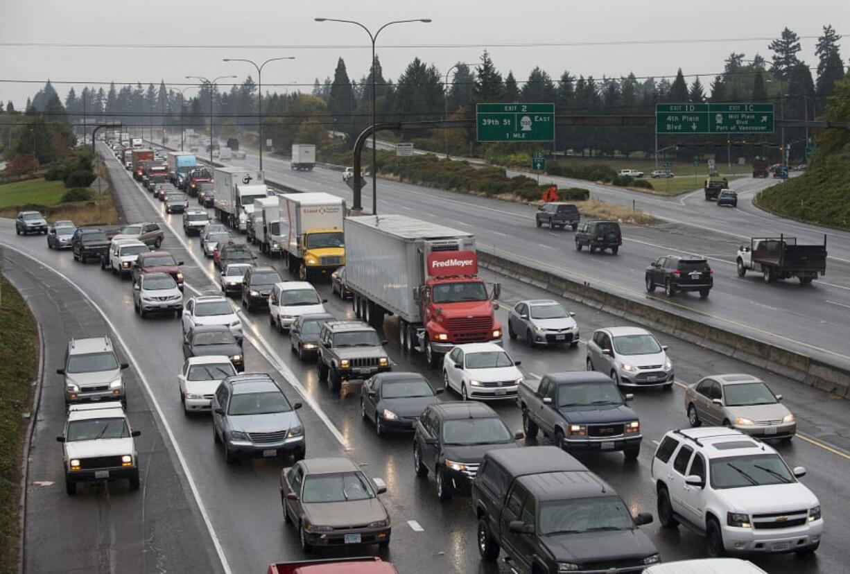 Traffic traveling southbound on Interstate 5 comes to a crawl as it makes its way through Vancouver in October 2015.