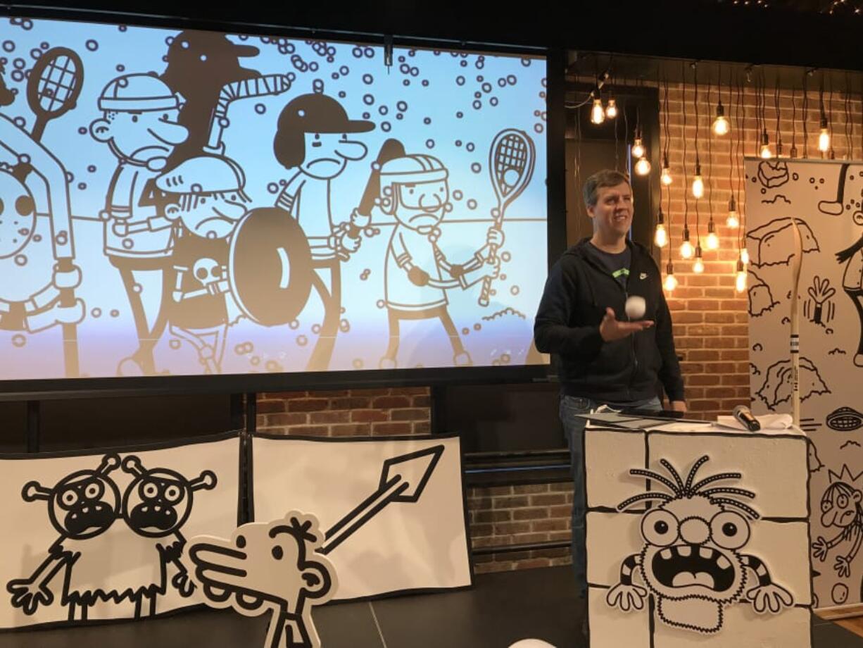 Jeff Kinney practices for his book tour called “Wimpy Kid Live: The Meltdown Show.” Hallie Patterson