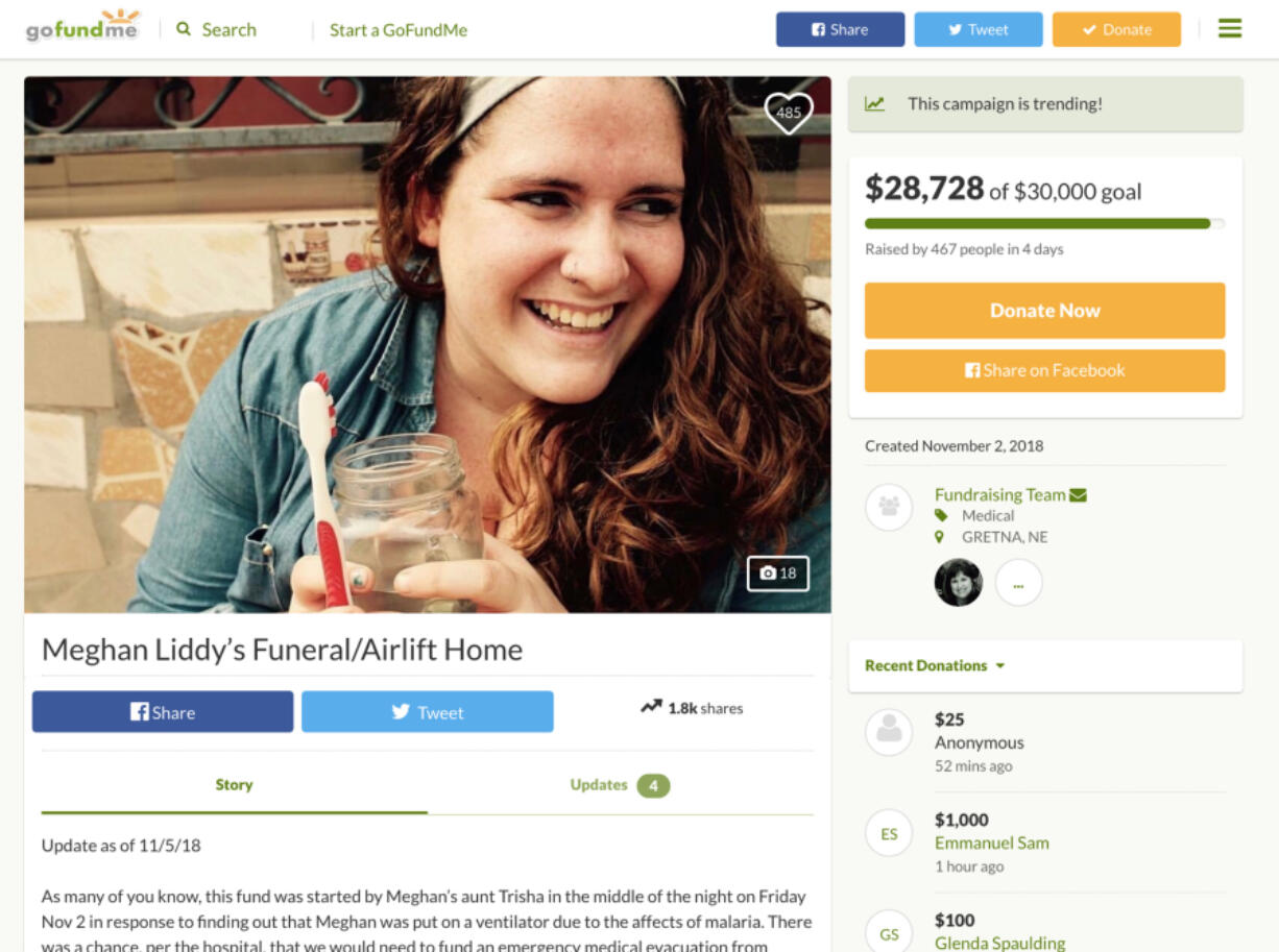 Meghan Liddy’s family started a GoFundMe page, initially intended to defray the cost of getting her home for treatment, but now for the purpose of returning her remains from Ghana.