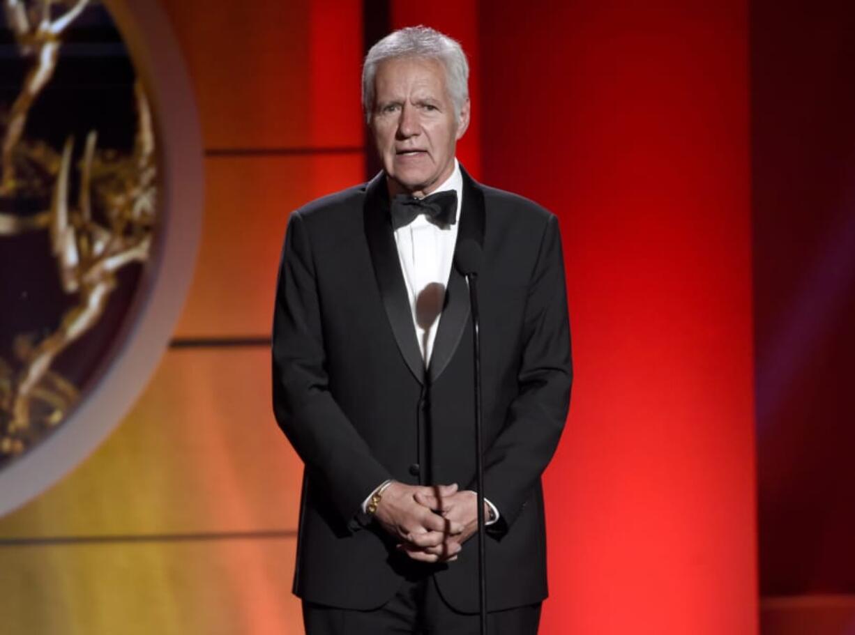 In this April 30, 2017 file photo, Alex Trebek speaks at the 44th annual Daytime Emmy Awards at the Pasadena Civic Center in Pasadena, Calif.