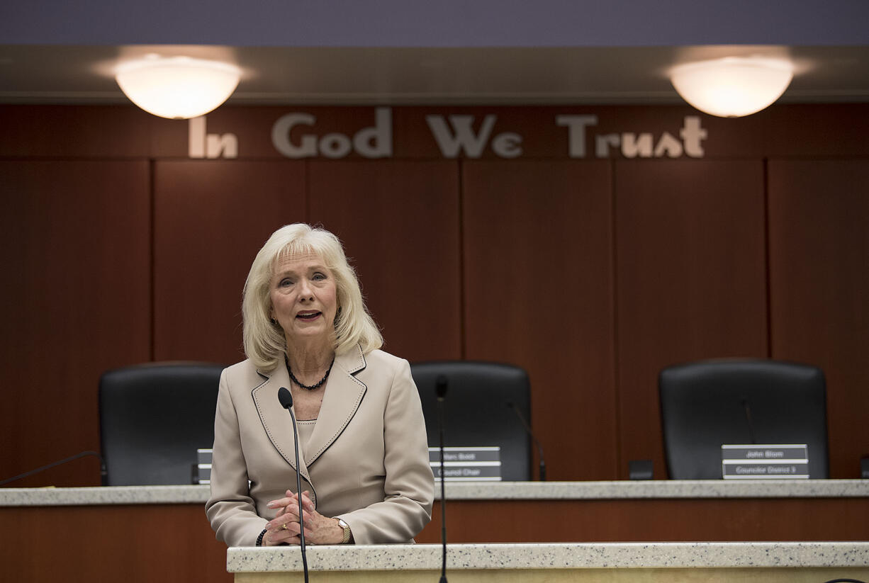 Incoming Clark County Council member Eileen Quiring speaks to the crowd after the swearing-in ceremony at the Clark County Public Service Center on Dec. 29, 2016.