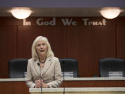 Incoming Clark County Council member Eileen Quiring speaks to the crowd after the swearing-in ceremony at the Clark County Public Service Center on Dec. 29, 2016.