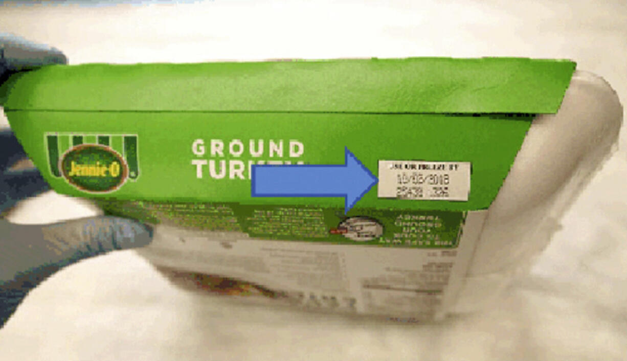 This image provided by Hormel Foods Corporation shows the production code information on the side of the sleeve of Jennie-O-Turkey that is being recalled.  Jennie-O-Turkey is recalling more than 91,000 pounds of raw turkey in an ongoing salmonella outbreak. Regulators say additional products from other companies could be named as their investigation continues.  The products being recalled include 1-pound packages of raw, ground turkey and were shipped to retailers nationwide. Regulators say the product should be thrown away and not eaten.