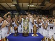 Gonzaga players celebrate after defeating Duke 89-87 in an NCAA college basketball game to win the Maui Invitational, Wednesday, Nov. 21, 2018, in Lahaina, Hawaii.