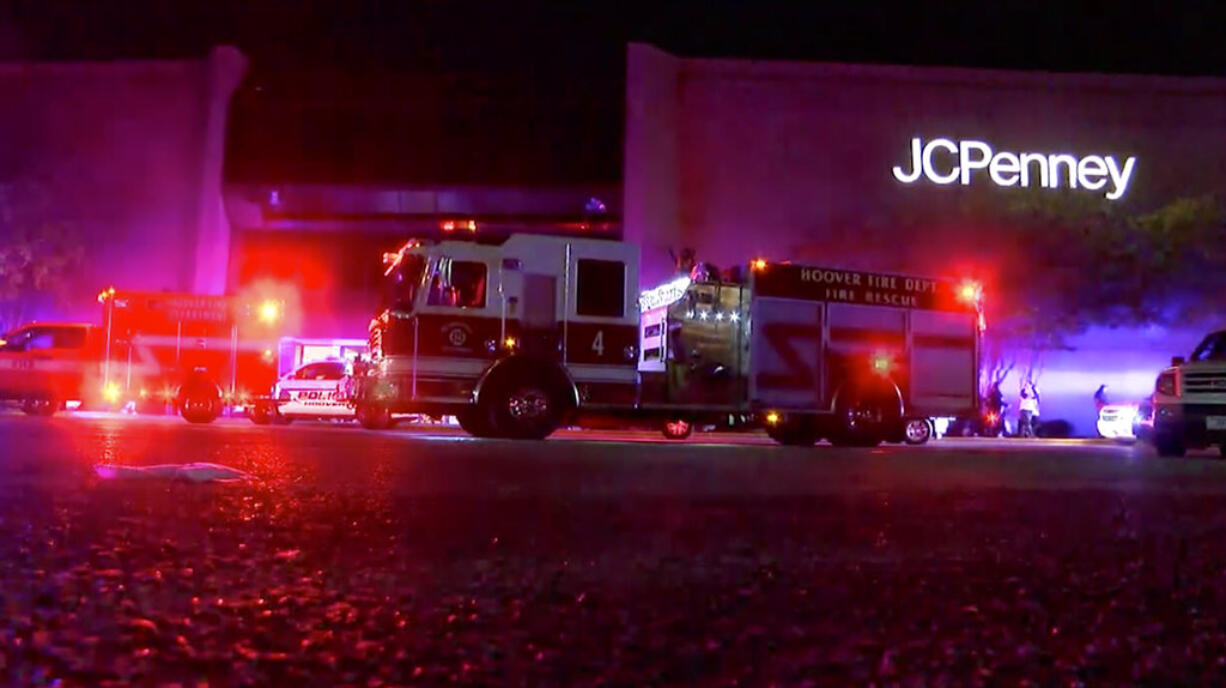 This Thursday, Nov. 22, 2018, image made from a video provided by ABC 33/40, authorities respond after reports of shots fired at the Riverchase Galleria in Hoover, a Birmingham, Ala., suburb. A man was shot and killed by police after a fight at the mall ahead of Black Friday shopping resulted in gunfire that injured several.