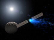 This illustration depicts the Dawn spacecraft orbiting the dwarf planet Ceres. NASA announced Thursday it had lost the probe, ending a fruitful mission in the asteroid belt.