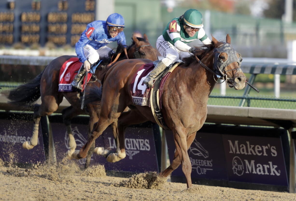 Joel Rosario (14) rides Accelerate to victory as Christophe Soumillon follows on Thunder Snow in the Breeders' Cup Classic horse race at Churchill Downs, Saturday, Nov. 3, 2018, in Louisville, Ky.