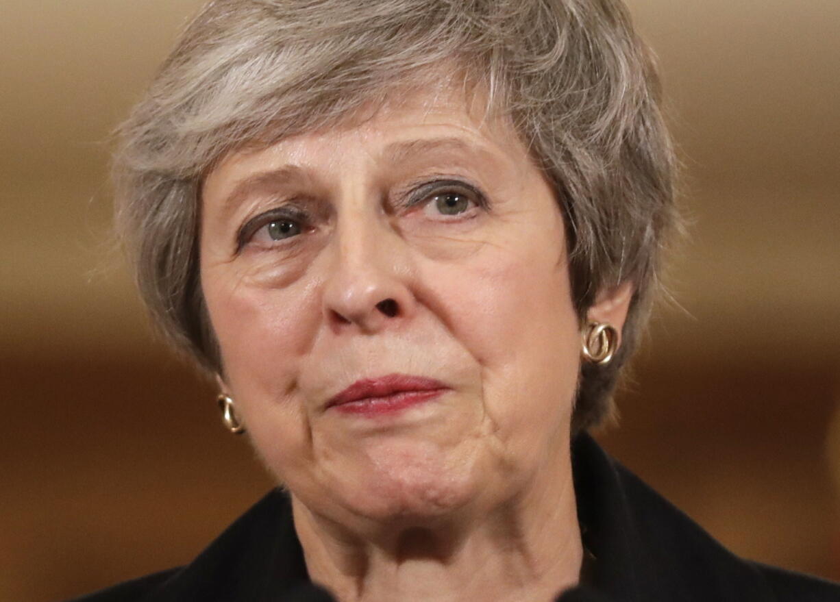 Britain’s Prime Minister Theresa May speaks Thursday during a press conference inside 10 Downing Street in London.