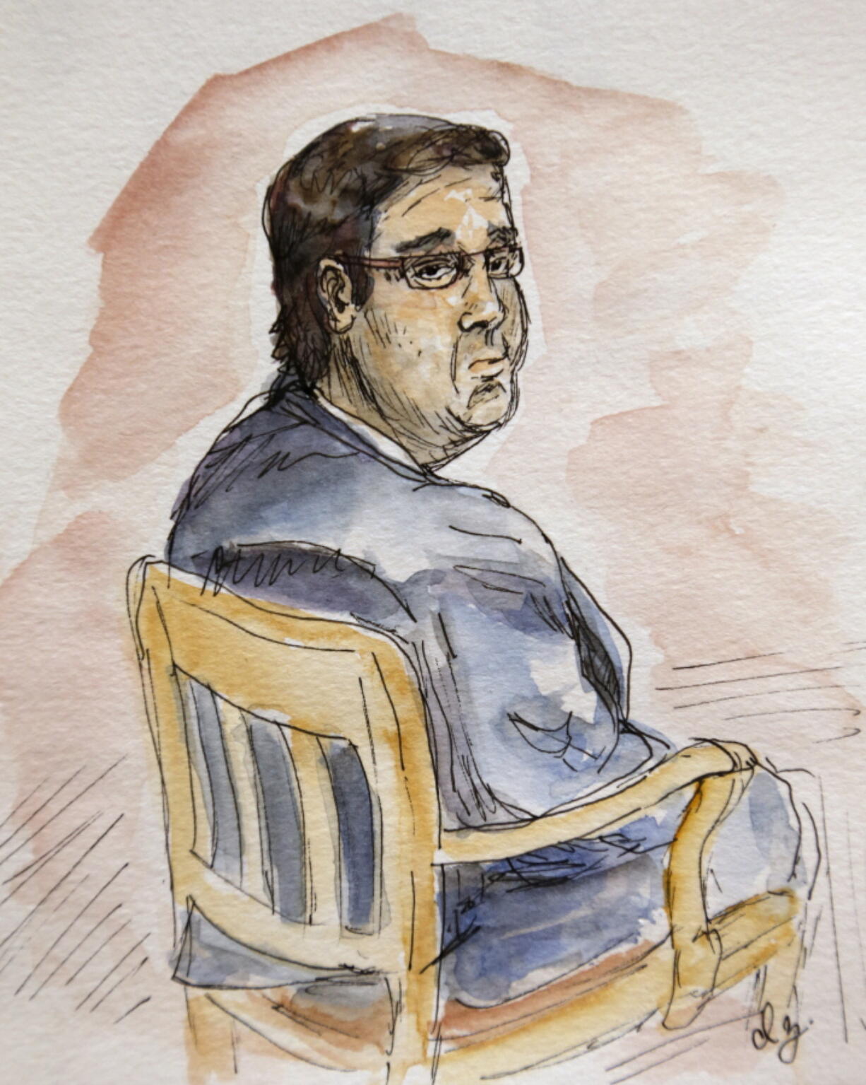 This artwork shows James Alex Jr., during jury selection in the trial of Fields in Charlottesville General District Court in Charlottesville, Va., Monday, Nov. 26, 2018. Jury selection lasted all day.