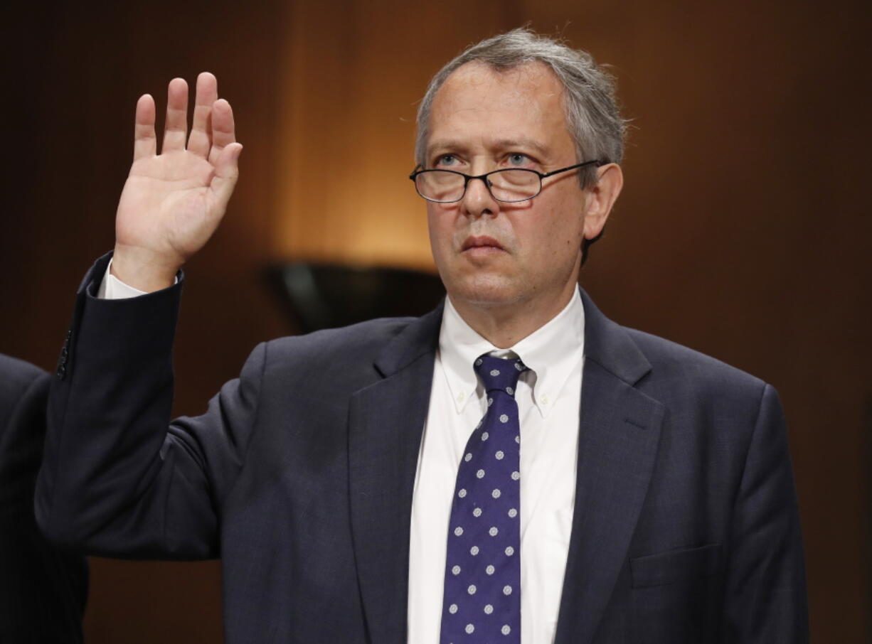 Thomas Farr is sworn in during a Senate Judiciary Committee hearing on his nomination to be a District Judge on the United States District Court for the Eastern District of North Carolina, on Capitol Hill in Washington.