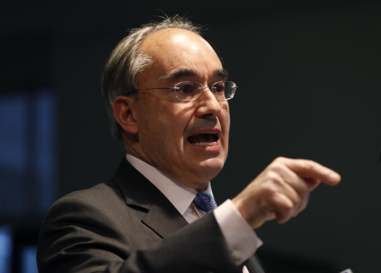 U.S. Rep. Bruce Poliquin, R-Maine, speaks at a news conference Tuesday in Augusta, Maine. Poliquin filed a federal lawsuit Tuesday against Maine Secretary of State Matthew Dunlap in an attempt to stop a tabulation of ranked-choice ballots in his race against Democratic challenger Jared Golden. (AP Photo/Robert F.