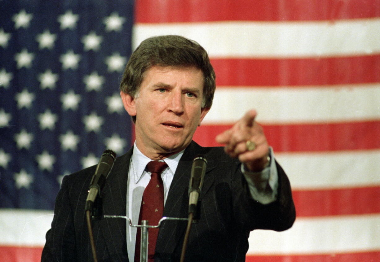 Democratic presidential hopeful Gary Hart fields a question during a news conference April 14, 1987, in Denver.