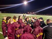 Prairie huddles shortly after beating Shorecrest 3-0 in the first round of the 3A state tournament at Prairie High School.