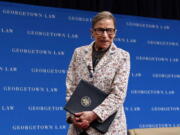 In this Sept. 26, 2018, file photo, Supreme Court Justice Ruth Bader Ginsburg leaves the stage after speaking to first-year students at Georgetown Law in Washington.