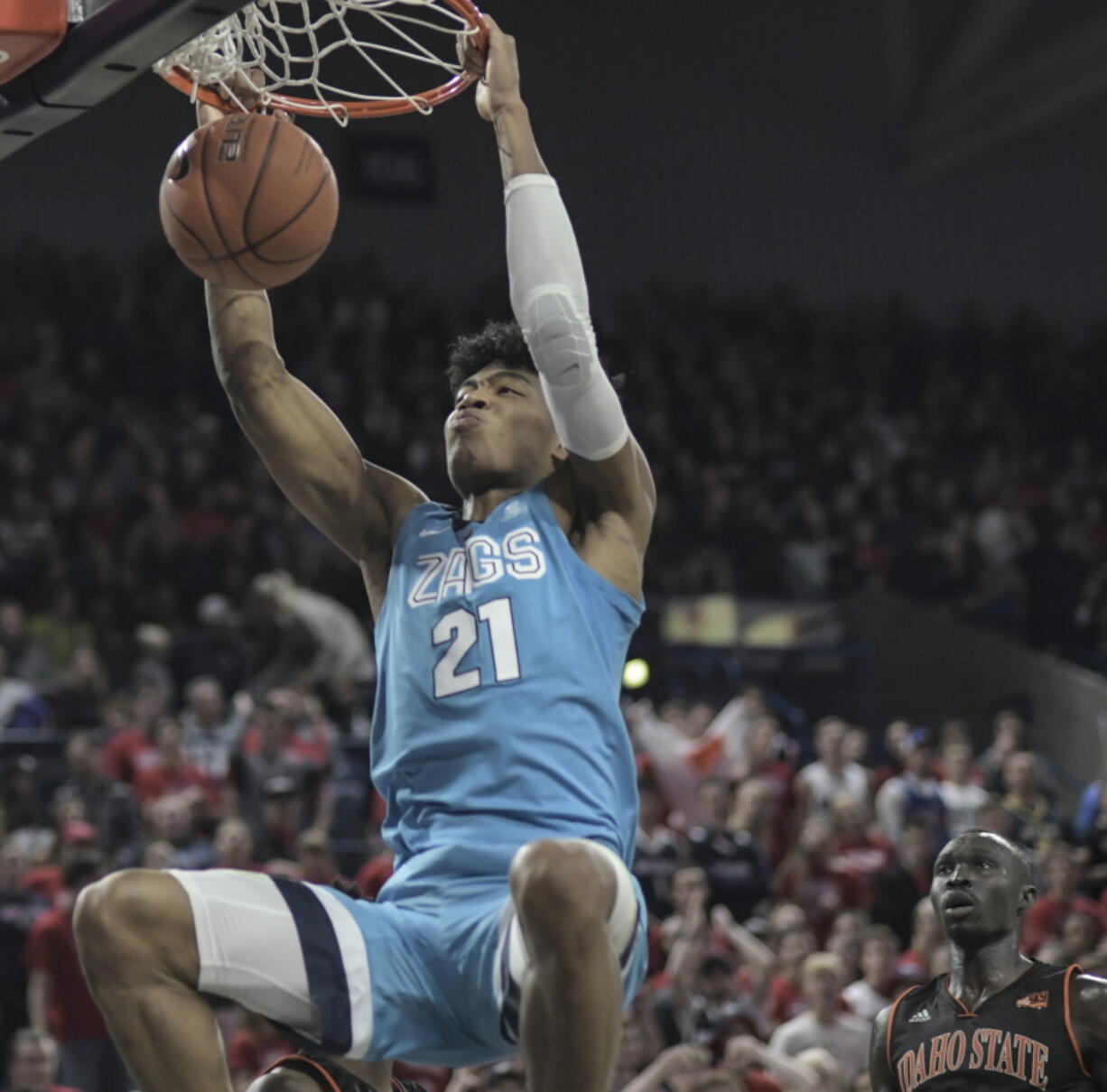 Gonzaga forward Rui Hachimura dunks over Idaho State in the first half of an NCAA college basketball game Tuesday, Nov. 6, 2018, in Spokane, Wash.