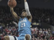 Gonzaga forward Rui Hachimura dunks over Idaho State in the first half of an NCAA college basketball game Tuesday, Nov. 6, 2018, in Spokane, Wash.