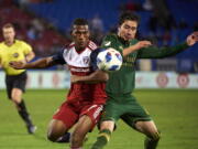 Portland Timbers defender Jorge Villafana, right, is back with the Portland Timbers for a second stint. He was on the 2015 squad that won the franchise’s only MLS Cup.