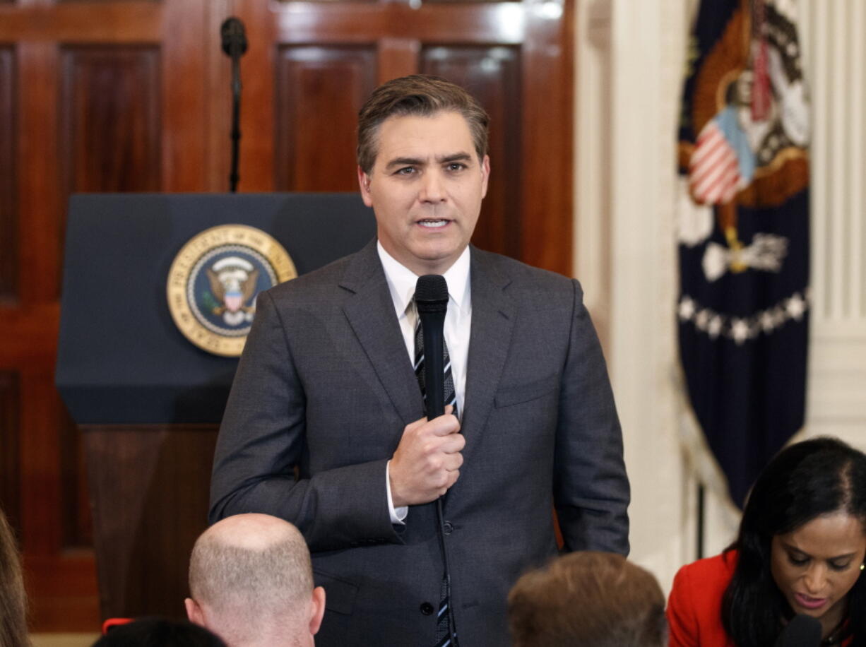 CNN journalist Jim Acosta does a standup before a new conference with President Donald Trump in the East Room of the White House in Washington. CNN sued the Trump administration Tuesday, demanding that correspondent Jim Acosta’s credentials to cover the White House be returned because it violates the constitutional right of freedom of the press.