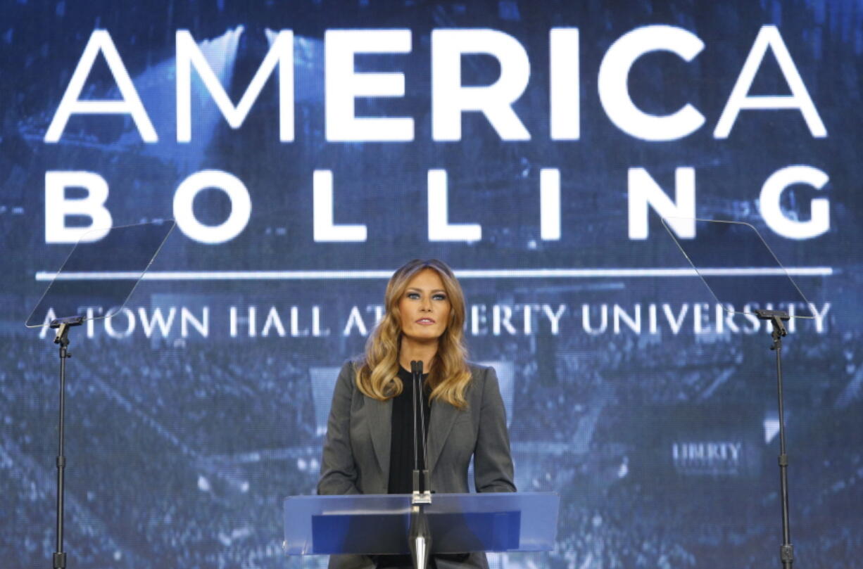 First lady Melania Trump speaks during a town hall meeting on opioid addiction at Liberty University in Lynchburg, Va., on Wednesday.