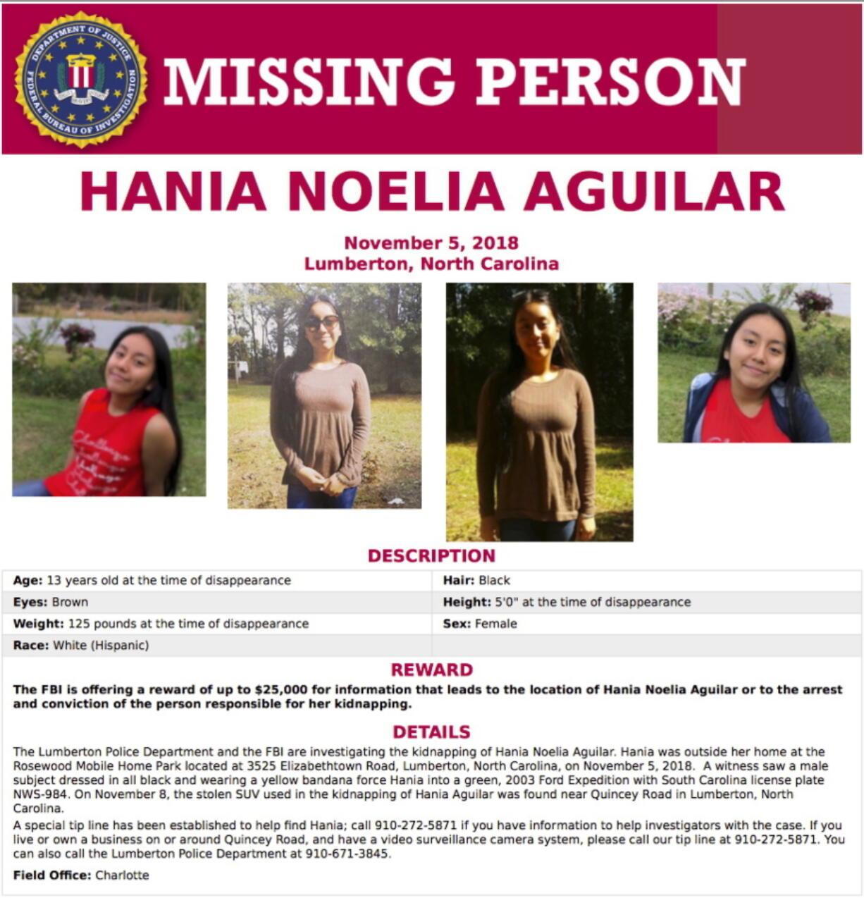 This image released by the FBI shows a missing person poster for Hania Aguilar. Aguilar was kidnapped Nov. 5, 2018, from a Robeson County, N.C., mobile home park after going outside to start a relative’s SUV before school.