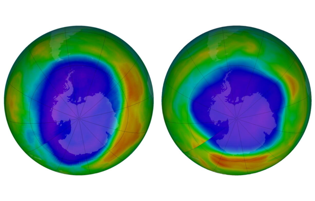 This combination of images shows areas of low ozone above Antarctica in September 2000, left, and September 2018. The purple and blue colors are where there is the least ozone, and the yellows and reds are where there is more ozone.