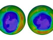 This combination of images shows areas of low ozone above Antarctica in September 2000, left, and September 2018. The purple and blue colors are where there is the least ozone, and the yellows and reds are where there is more ozone.