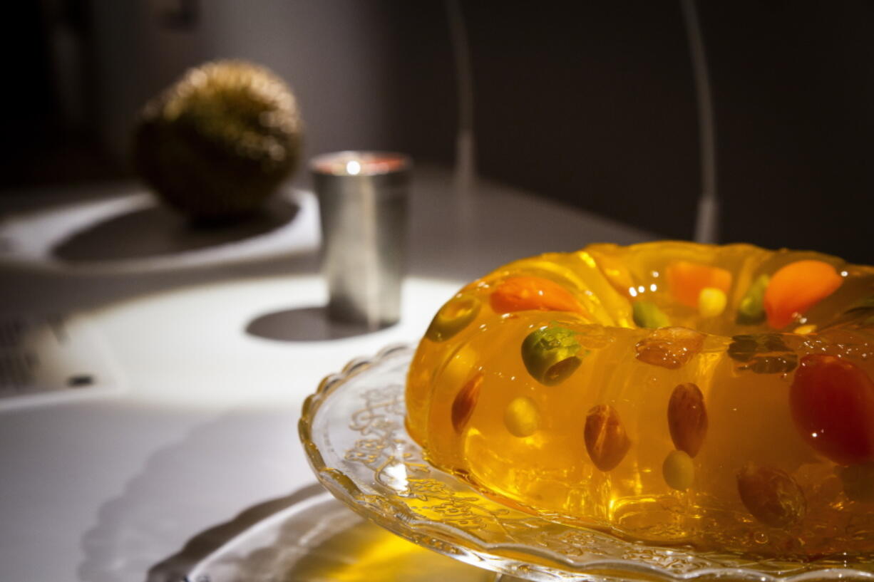 In this photo taken on Sept. 22, 2018 Jello-O-Salad on display at the Disgusting Food Museum, in Malmo, Sweden. This comfort food is made with the candy-flavored gelatin Jell-O. Considered traditional American in the 1960s, it was especially popular amongst members of the Mormon Church. The various recipes include ingredients such as tomato soup, mayonnaise, cream cheese, vegetables, sausages, olives or anything else that may look good suspended in the colorful jelly. Dozen of foods likely to provoke extreme disgust in many people _ but considered palatable, even precious delicacies, in their home cultures _ go on display Wednesday, Oct. 31, 2018 as the Disgusting Food Museum makes its world premiere in Malmo, Sweden.