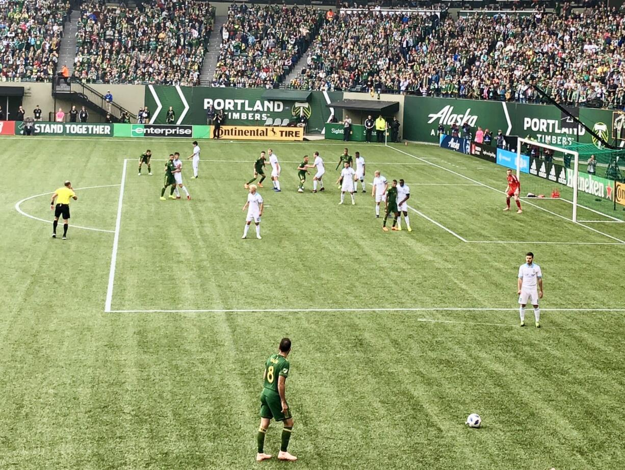 Portland Timbers' Diego Valeri (8) lines up a kick against the Seattle Sounders during the first leg of the Major League Soccer playoff series on Sunday, Nov. 4, 2018, at Providence Park. Portland won 2-1.