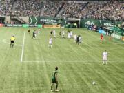 Portland Timbers' Diego Valeri (8) lines up a kick against the Seattle Sounders during the first leg of the Major League Soccer playoff series on Sunday, Nov. 4, 2018, at Providence Park. Portland won 2-1.