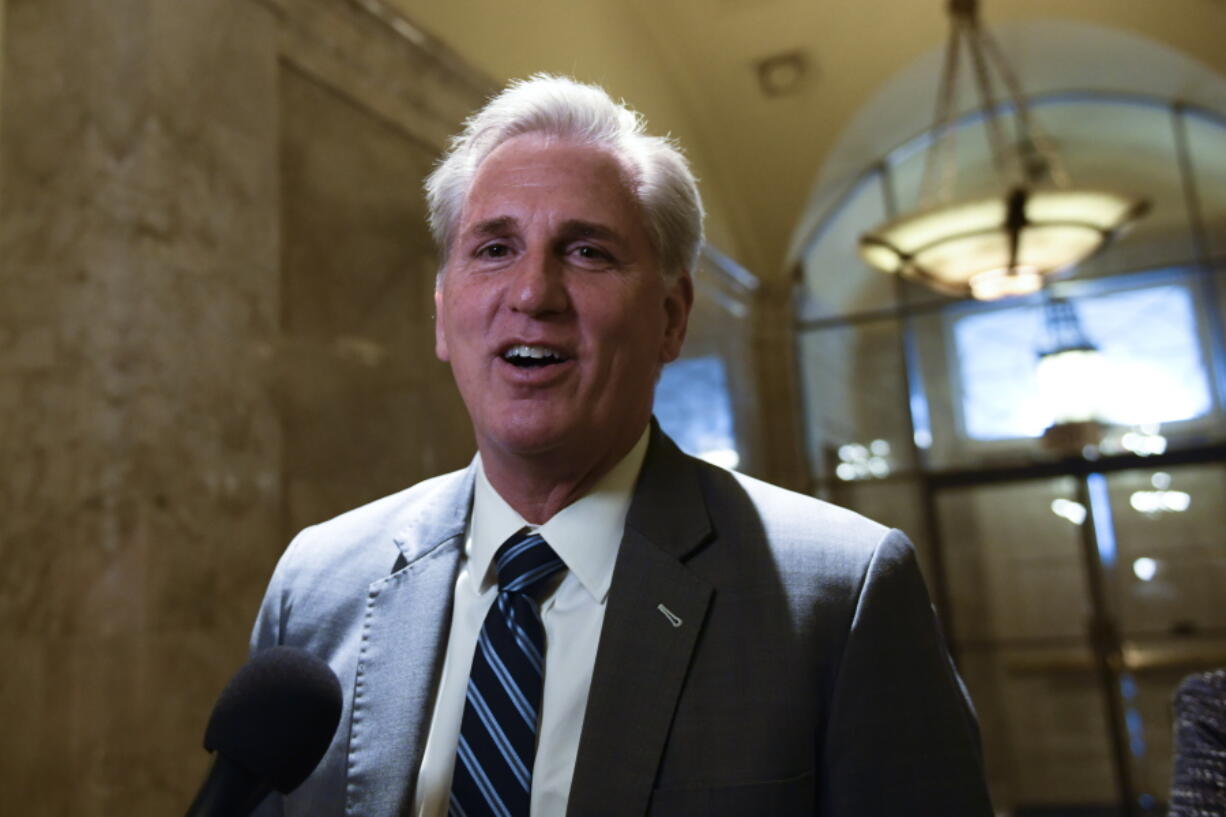 House Majority Leader Kevin McCarthy of Calif., speaks to reporters after returning to Capitol Hill in Washington, Tuesday, Nov. 27, 2018, following a meeting with President Donald Trump at the White House.