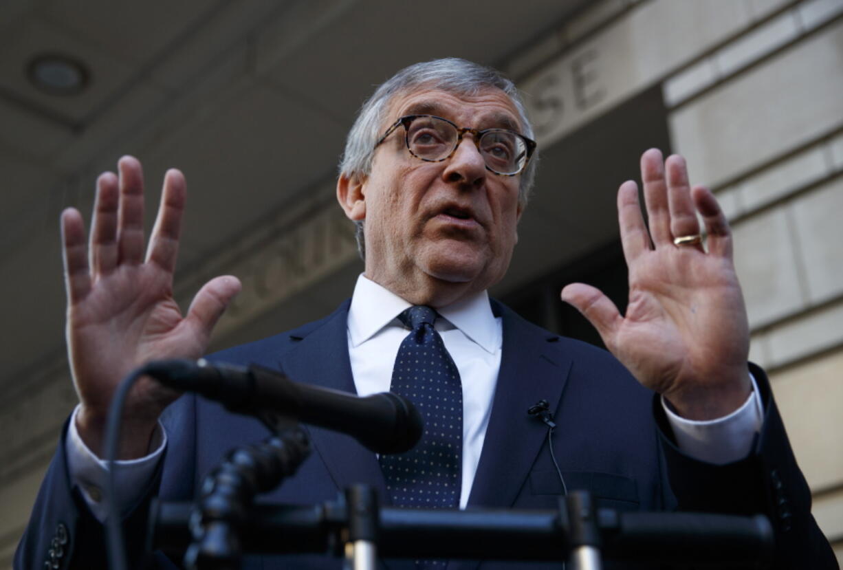 Attorney Paul Kamenar as he leaves federal court in Washington, Thursday, Nov. 8, 2018. Judges on a federal appeals court heard arguments from Kamenar and are weighing whether to invalidate the Russia investigation over arguments made a former aide to longtime Trump confidante Roger Stone that the special counsel’s appointment was unconstitutional.