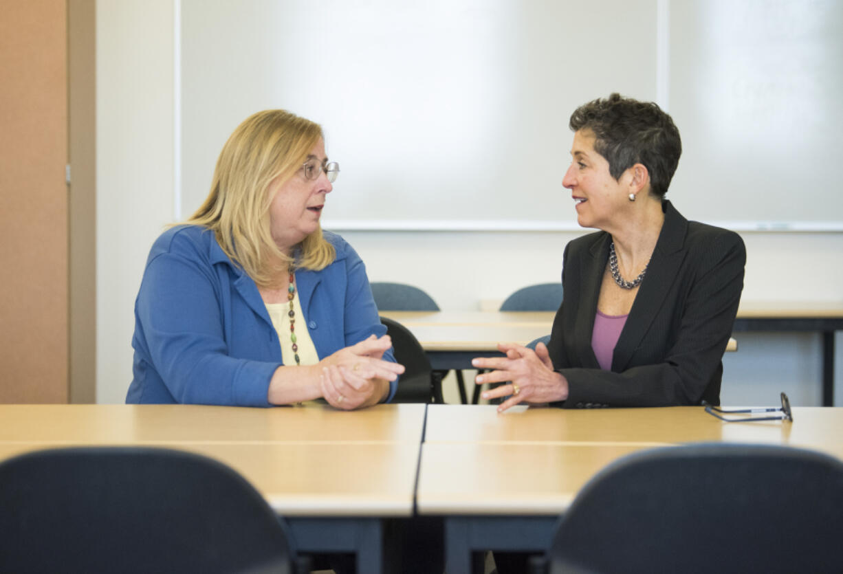 Clark College School of Nursing professors Mary Ellen Pierce, left, and Lisa Aepfelbacher, right, at the Clark College building at Washington State University Vancouver. Aepfelbacher and Pierce are two of five tenured faculty members the school of nursing has right now. Ideally the school would have 14 to 15 tenured faculty members.