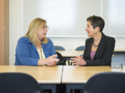 Clark College School of Nursing professors Mary Ellen Pierce, left, and Lisa Aepfelbacher, right, at the Clark College building at Washington State University Vancouver. Aepfelbacher and Pierce are two of five tenured faculty members the school of nursing has right now. Ideally the school would have 14 to 15 tenured faculty members.