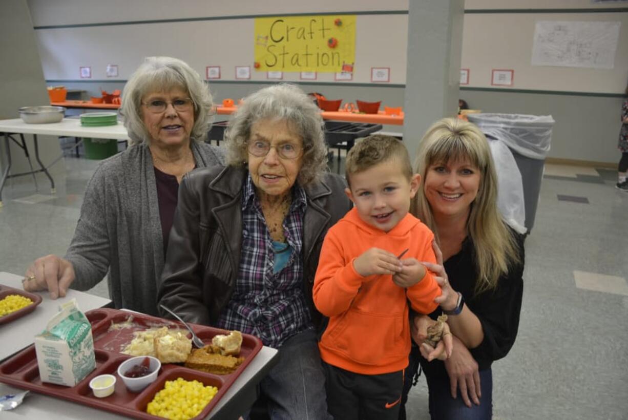 Washougal: Cape Horn-Skye Elementary School student Jamison Douglas was joined at Grandparents Day by, from left, great-grandmother Linda Davidson, great-great-grandmother Bert Dolan, and grandmother Angela Cummings.