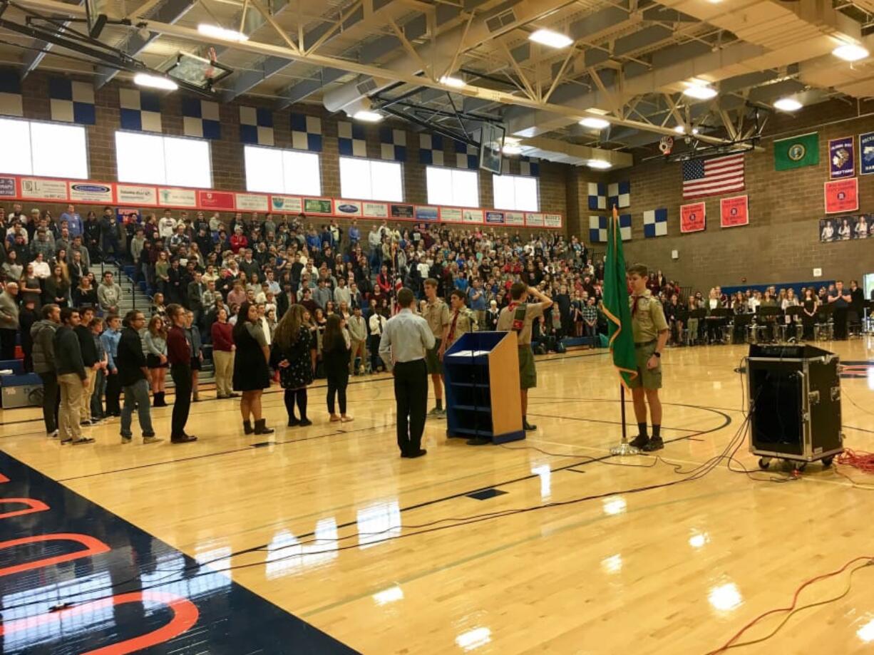 Ridgefield: The Boy Scouts present the colors at a Veterans Day assembly at Ridgefield High School.