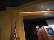 Student speaker Silvia Marinova speaks to the audience during a graduation ceremony for Clark College’s first class of bachelor’s of applied science in applied management degree recipients at Clark College on Tuesday night. Marinova has dreamed of earning a bachelor’s degree since arriving in the United States 20 years ago.