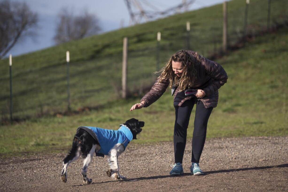 Shannon Martin of Vancouver reaches out to pet her 5-month-old springer spaniel, Daisy, at Ike Memorial Dog Park on Thursday.