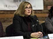 State Rep. Sharon Wylie, D-Vancouver speaks during the annual Legislative Outlook Breakfast in 2018.