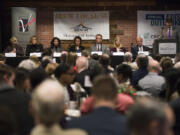 State legislators from Clark County talk taxes, regulations, job training, budgets and other topics at the annual Legislative Outlook Breakfast on Friday, at WareHouse ‘23 in Vancouver. Sen. Annette Cleveland, D-Vancouver, from left, State Rep. Sharon Wylie, D-Vancouver, State Rep. Monica Stonier, D-Vancouver, Sen. Ann Rivers, R-La Center, State Rep.-elect Larry Hoff, State Rep. Vicki Kraft, R-Vancouver, and State Rep. Paul Harris, R-Vancouver, speak during the breakfast.