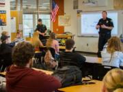 Woodland: Police Chief Jim Kelly and officer Brent Murray visited Katie Klaus’ government class at Woodland High School.