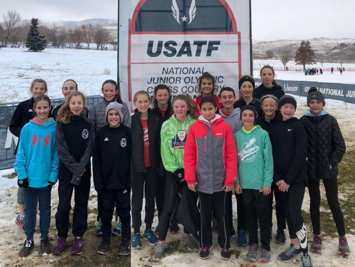 Whisper Running club members at the USATF Junior Olympic Cross Country meet in Reno, Nev., on Saturday, Dec. 8, 2018 included (left to right): Bethany McKinstry, Ava Gavora, Abby Gavora, Sara Cordova, Madeline Cooke, Sam Soto, Natalie Peddie, Abigail Rounds, Abby Wall, Kiley O'Brien, Alexis Leone, Chris Amato, Madison Wick, Lauren Amato, Charolette Wilson, Elle Thomas, Addison Crum, and Alyson Robertson.