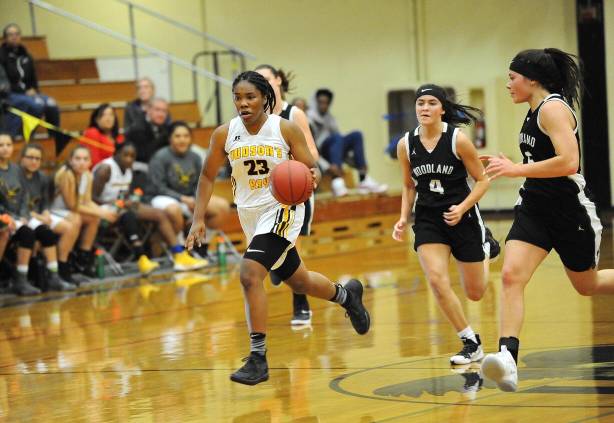 Hudson's Bay freshman Aniyah Hampton runs the fast break during a 62-41 win over Woodland.