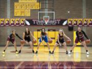 Prairie's Cassidy Gardner, from left, Washougal's Beyonce Bea, La Center's Taylor Stephens, Camas' Haley Hanson, and Prairie's Brooke Walling.