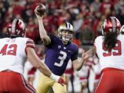 Jake Browning (3) will play in his 53rd game for the Huskies in the Rose Bowl, while teammate Myles Gaskin will play in his 52nd game.