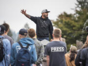 Patriot Prayer’s Joey Gibson speaks to a crowd gathered during a protest on the Washington State University Vancouver campus on Tuesday afternoon, Oct. 23, 2018.